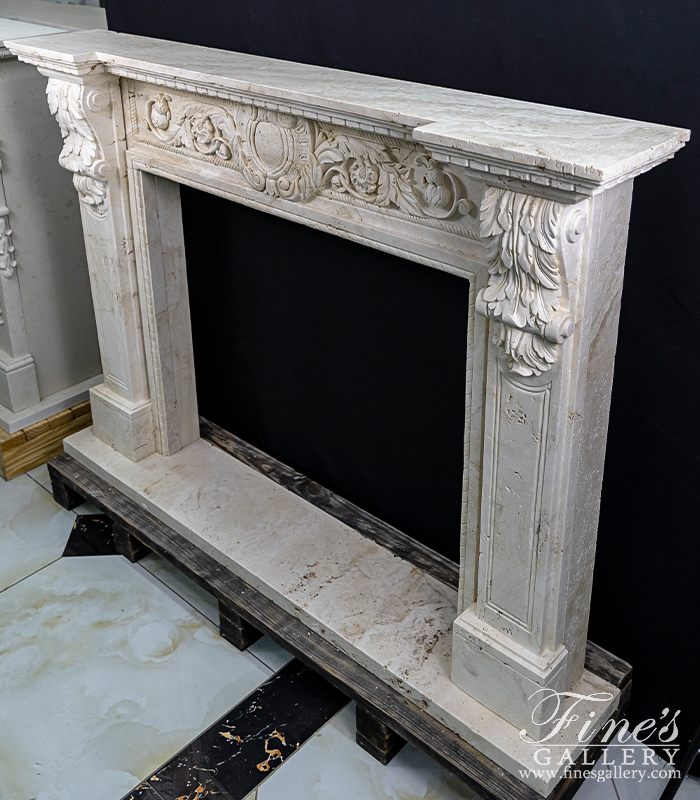 Marble Fireplaces  - Floral Scrollwork Mantel In Italian Ivory Travertine - MFP-2539